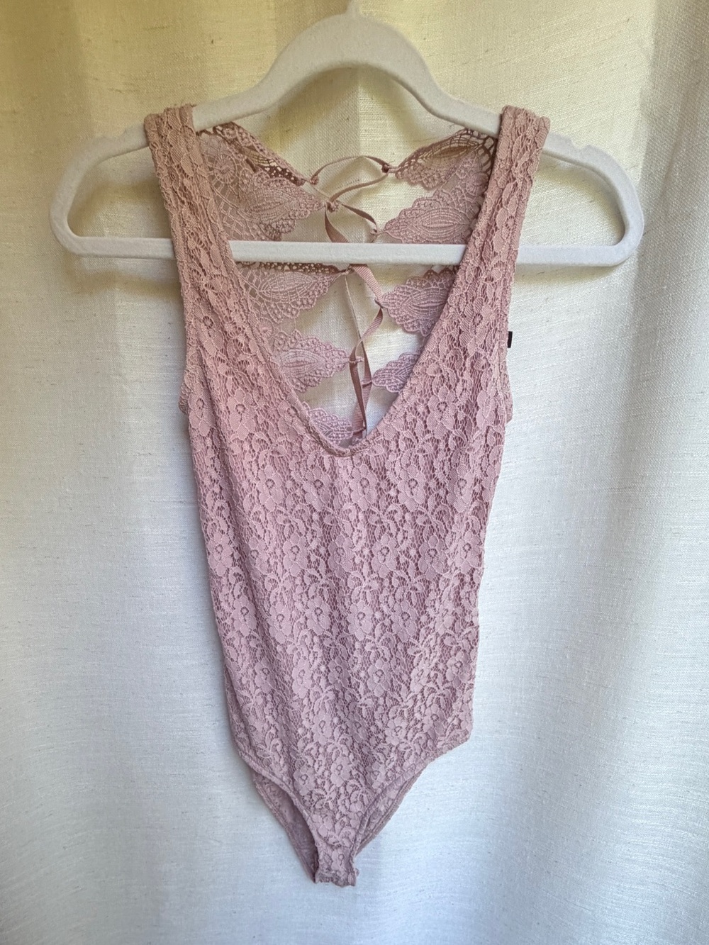 Topshop Blush Pink Floral Lace Ribbon Lace Up Back Bodysuit US 4